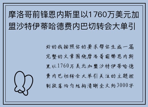 摩洛哥前锋恩内斯里以1760万美元加盟沙特伊蒂哈德费内巴切转会大单引关注